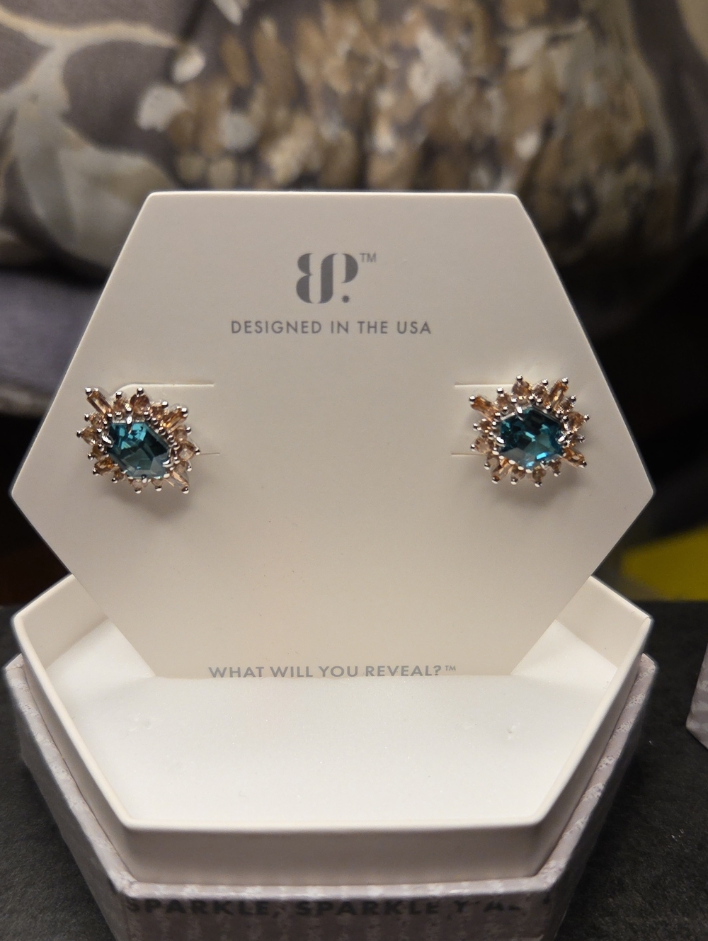 bp Teal Crystal Sunburst Studs - Gold-Tone
